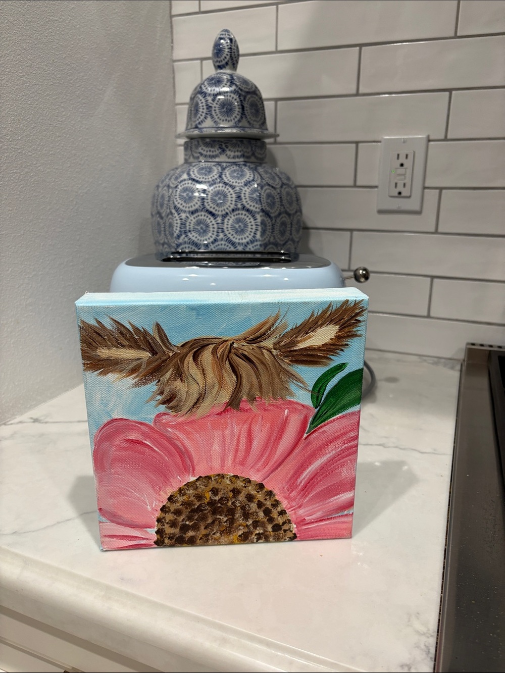 Hand-Painted Pink Flower Canvas Wall Art by